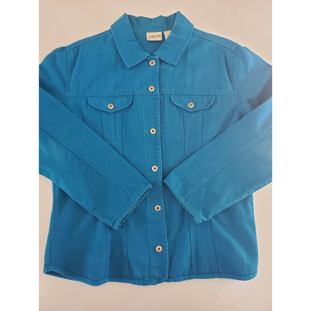 Chicos Teal Blue Cotton Denim Jacket Button Front Size 2 L Large RN 79984